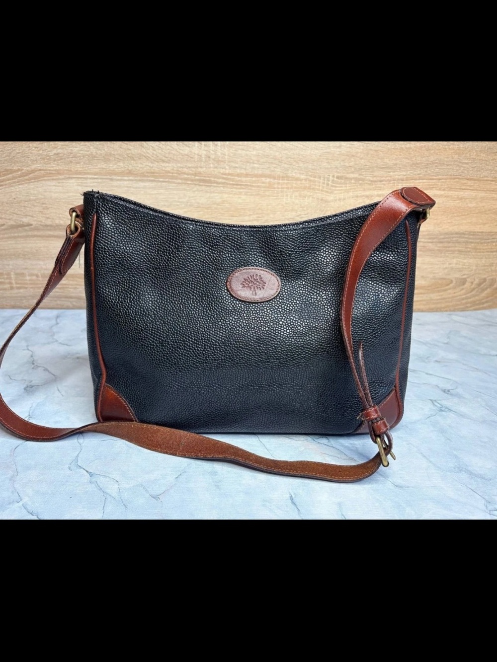 Mulberry Black Pebbled Leather Crossbody with Brown Trim